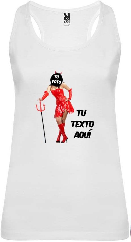 Camiseta blanca de tirantes para despedida de soltera con diseÃ±o de diablesa vista 1