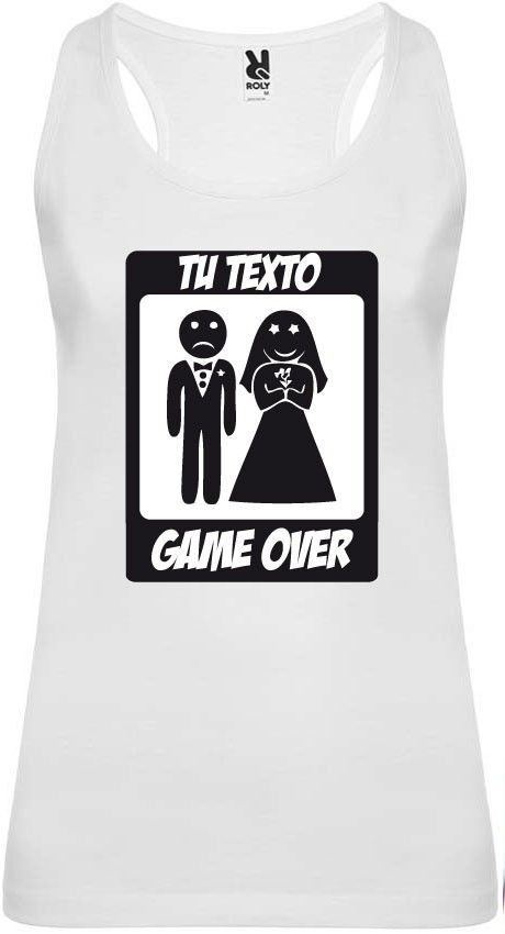 Camiseta blanca de tirantes para despedida de soltera con diseÃ±o game over para personalizar vista 1